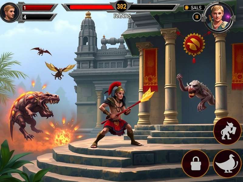 Midnight Warrior Pro gameplay screenshot showing a warrior character in traditional Indian armor battling mythical creatures in a South Indian temple setting